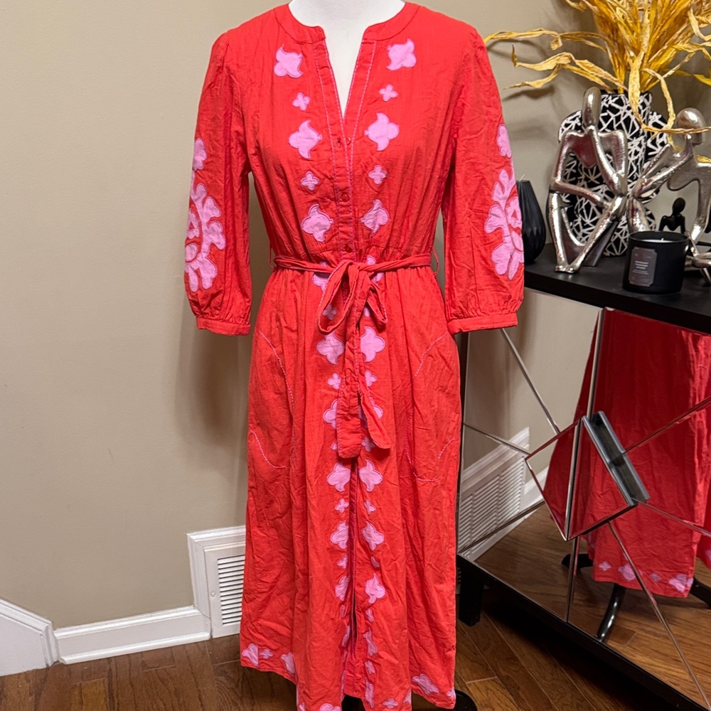 Red and Pink Embroidered Maxi Dress Size M pre-owned.